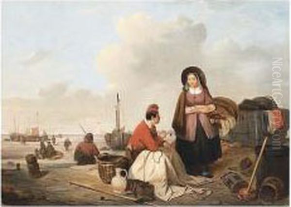 Fisherfolk On The Beach by Felix Louis Pluynes