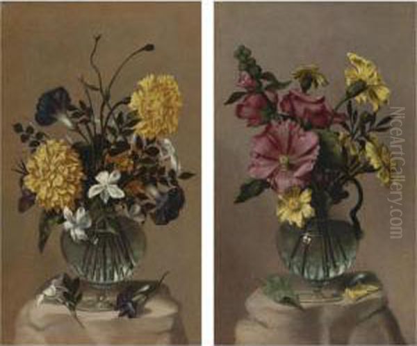 Vase Of Hollyhocks And African Marigolds;
Vase Of French Marigolds, Morning Glory And Jasmine by Antonio Ponce