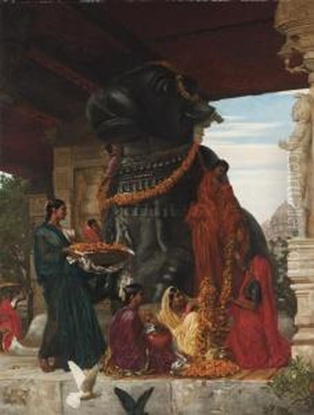 The Handmaidens Of Sivawara Preparing The Sacred Bull At Tanjore For A Festival. by Valentine Cameron Prinsep