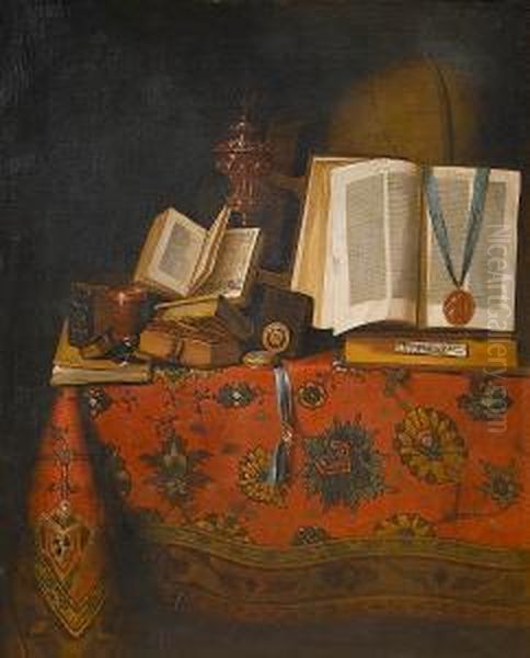 A 
Vanitas
 Still Life With Books, A Globe And A Silver-gilt Beaker And Cover, On A Table Draped With A Turkish Carpet by Pseudo Roestraten