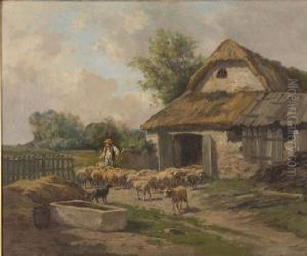 Herding Sheep Out Of A Barn by Clement Quinton