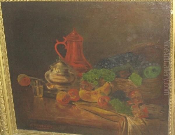 Still Life Of Basket Of Fruit And Drinking Vessels On A Table Top by A. Redtwitz