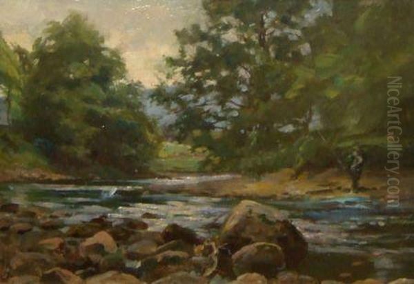 An Angler Fishing From A River Bank In Wooded Landscape by Robert Payton Reid