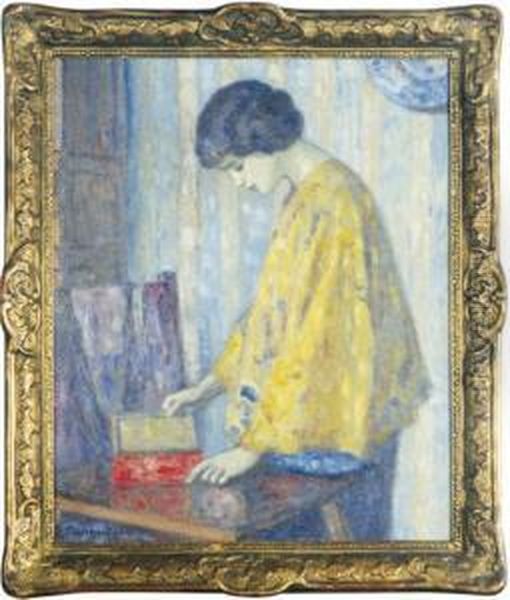 Woman In A Yellow Shawl Opening A Box by Paul Renaudot