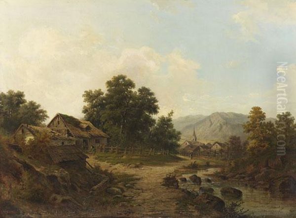 Vorgebirgslandschaft Mit Gehoften Am Fluss by Karl Julius Rose