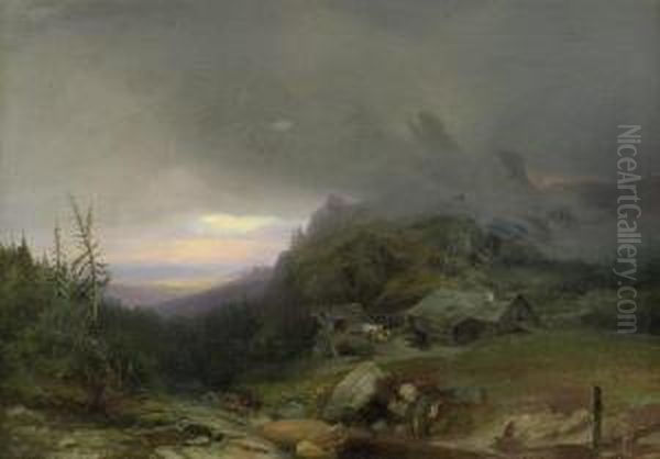 Alm Im Gebirge Bei Gewitter by Leopold Rottmann