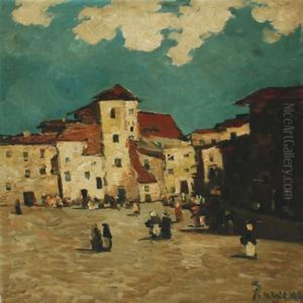 City Scenery From An Italian Plazza With Street Life by Hans Ruzicka-Lautenschlager