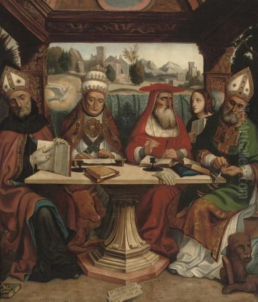 The Four Doctors Of The Church With The Symbols Of The Fourevangelists by Piero Francesco Sacchi