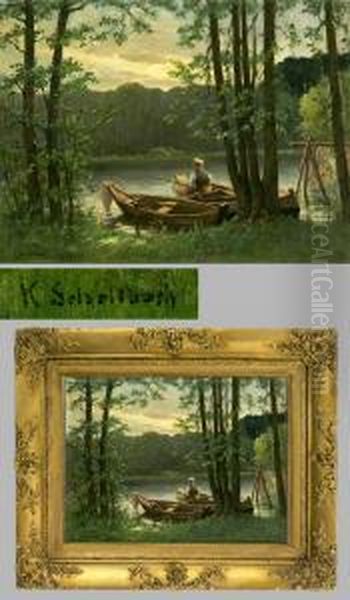 Angler Mit Booten Am Waldsee by Karl Hermann Schellback