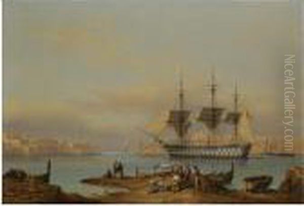 Hms Rodney In The Grand Harbour At Valetta by Johann Schranz