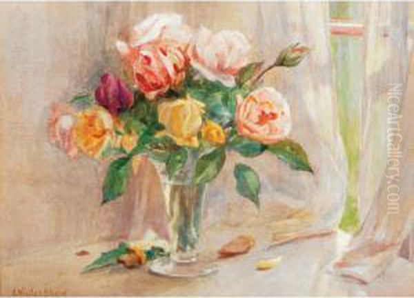 Cosmos And Other Flowers; Daisies And Marigolds; Roses On A Ledge by Arthur Winter Shaw