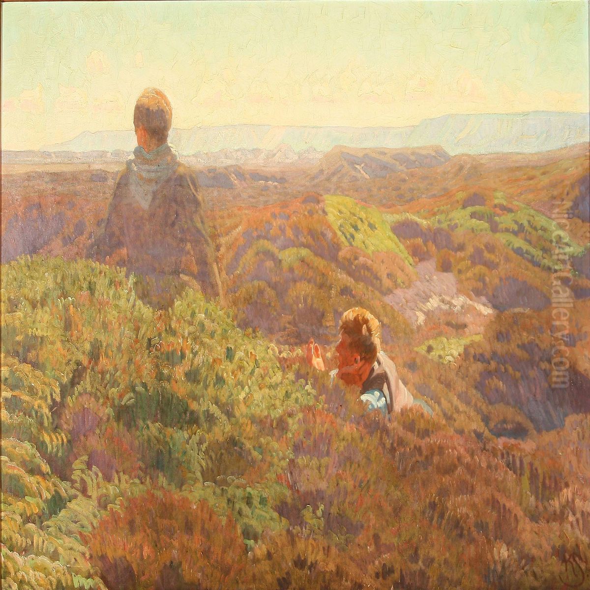 A Couple Enjoying The View From Heather Hills Oil Painting - Knud Sinding