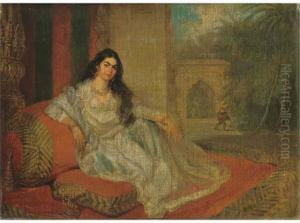 An Indian Woman Reclining On Bolsters On The Terrace Of A Lucknow Residence, A Stem Cup Of Jewels At Her Side, A Bihishti Laying The Dust Beyond Oil Painting by Charles Smith