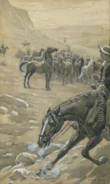 Cowboys Herding Mustangs, 
Some Acid Staining Oil Painting by Elmer Boyd Smith