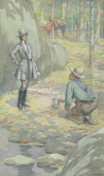 Cowboy And Lady Rider At Campsite Oil Painting by Elmer Boyd Smith