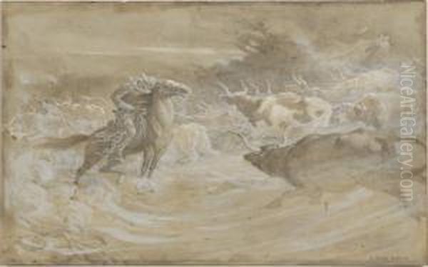 A Herd Of Cattle And Acowboy In A Sandstorm Oil Painting by Elmer Boyd Smith