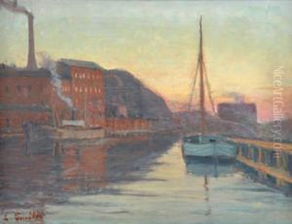 Kvall, Motiv Fran Hamnen I Karlshamn. Signerad. Duk, 53x68 Oil Painting by Ernst Smith