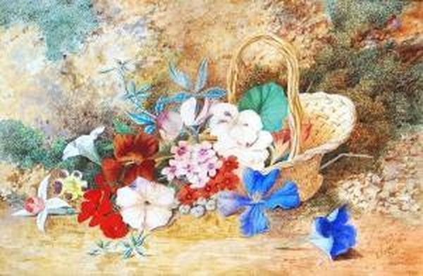 Flowers In A Basket On A Mossy Bank Oil Painting by Frederick Sheldon Smith