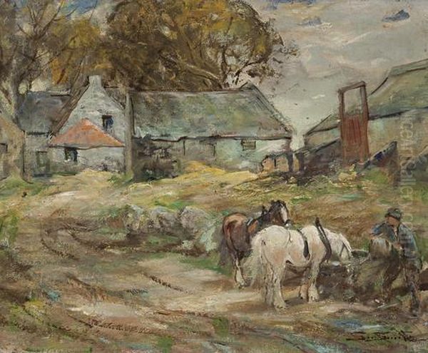 Working Horses Watering At Farmyard Trough Oil Painting by George Smith