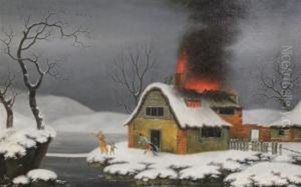 Burning Cottage In Winter Oil Painting by George Smith