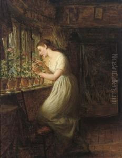 Tending To The Geraniums Oil Painting by George Smith