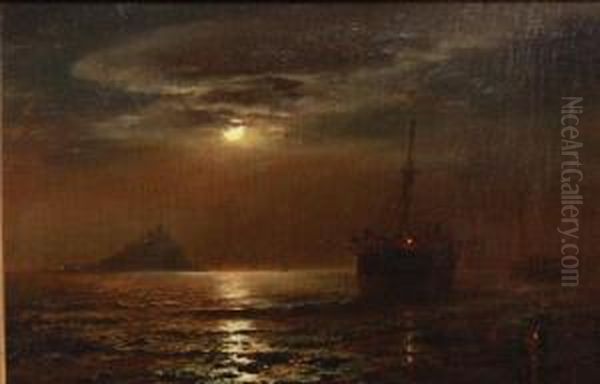 Moonlite Seascape Oil Painting by Henry Pember Smith