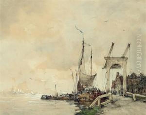 Dutch Barges On The River Oil Painting by Hobbe Smith