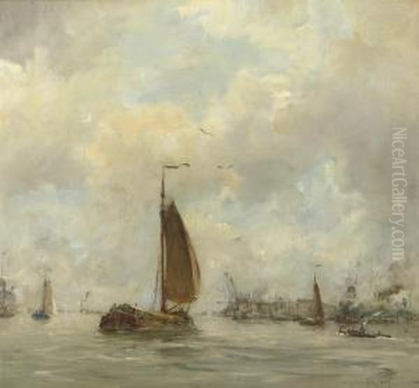 Sailing Vessels Near The Harbour Entrance Oil Painting by Hobbe Smith