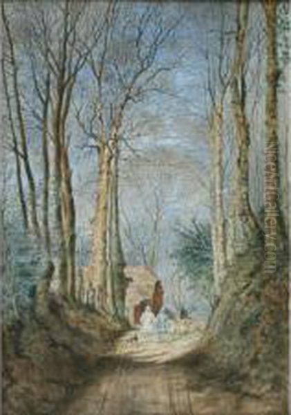 Figures Droving Sheep On A Sunlit Wooded Lane Oil Painting by J Charles Smith