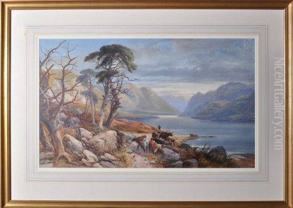 A Cattle Drover On A Lakeside Road Oil Painting by James Burrell-Smith