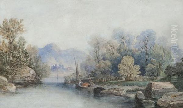 River View With Distant Town Oil Painting by James Burrell-Smith