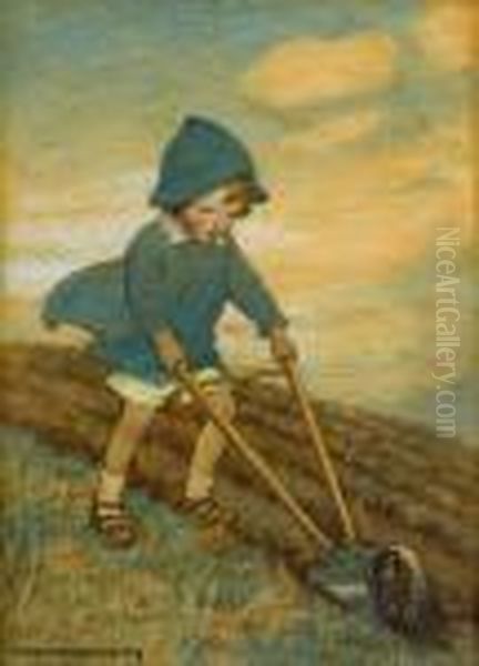 Ploughing The Furrow Oil Painting by Jessie Wilcox-Smith