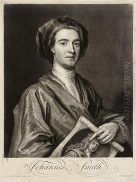 A Self Portrait Of John Smith Holding A Mezzotint Portrait Ofgodfrey Kneller Oil Painting by John Smith