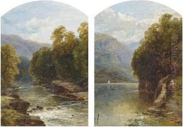 Figures On A Path By A Lake; And A Wooded Stream Oil Painting by John Brandon Smith