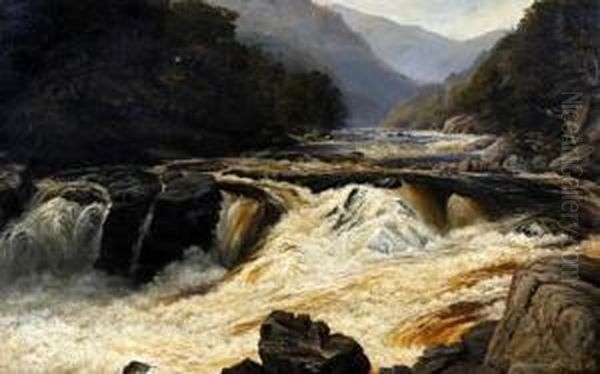 A Highland Stream In Spate Oil Painting by John Brandon Smith