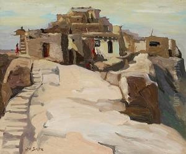 Pueblo Scene, Believed To Be Acoma Pueblo Oil Painting by John Christopher Smith