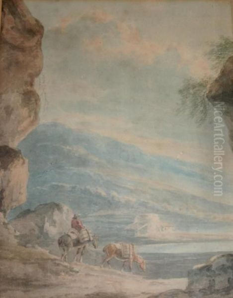 A Mountainous Landscape With A Traveller And Two Mules Oil Painting by John Warwick Smith