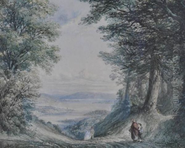 Figures On A Hilltop Road Overlooking A Lakeside Town Oil Painting by John Warwick Smith