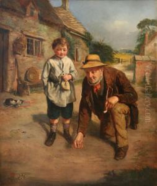 Man And Boy Playing Marbles Outside A Cottage Near A Sleeping Cat Oil Painting by John Wells Smith