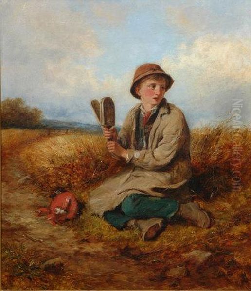 Boy Seated In A Field, Holding A Bird Scarer. Oil Painting by John Wells Smith