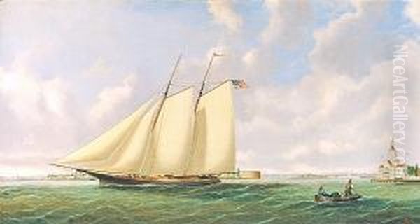 Off Governer's Island (ship Under Sail In New York Harbor) Oil Painting by Joseph B. Smith