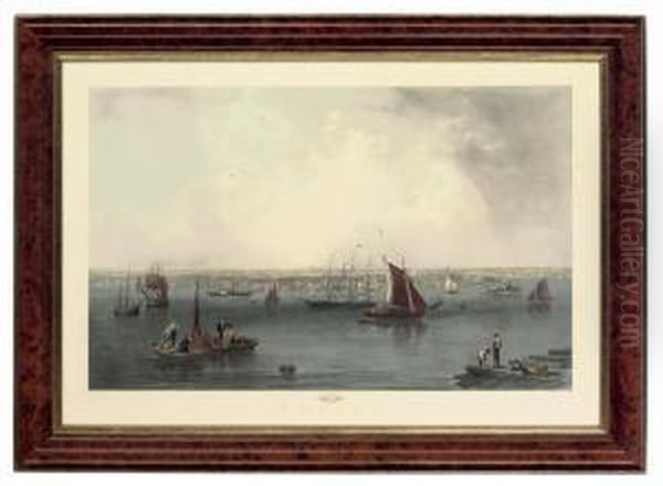 Depicting Figures And Ships In A Townscape Oil Painting by Benjamin F., Smith Jr.