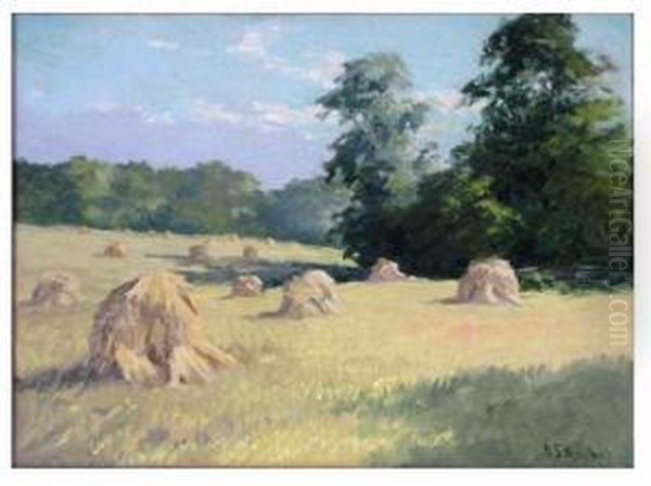 Haystacks In A Sunlit Field Oil Painting by Arthur Smith Kimball