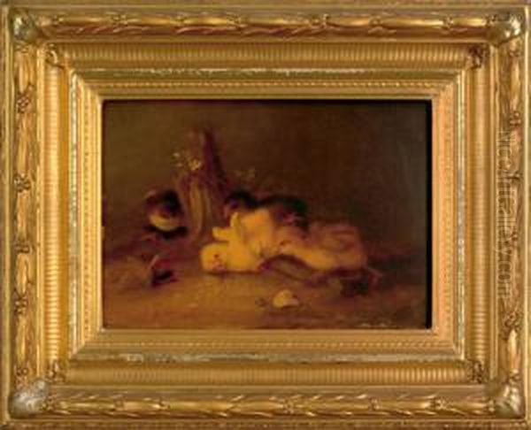 Four Chicks Attacking An Insect With Pincers Oil Painting by Mary Russell Smith