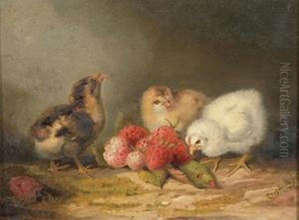 Three Chicks With Strawberries Oil Painting by Mary Russell Smith