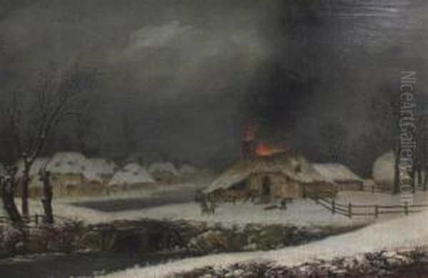 Winter Landscape With Cottage On Fire Oil Painting by George, of Chichester Smith