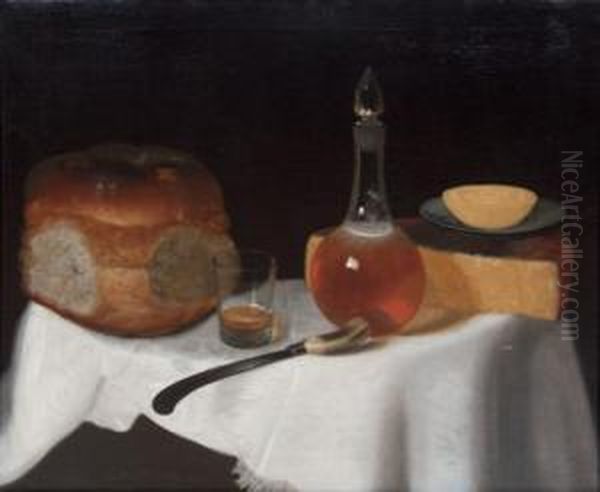 Still Life Of Bread And Cheese With A Glass Oil Painting by George, of Chichester Smith