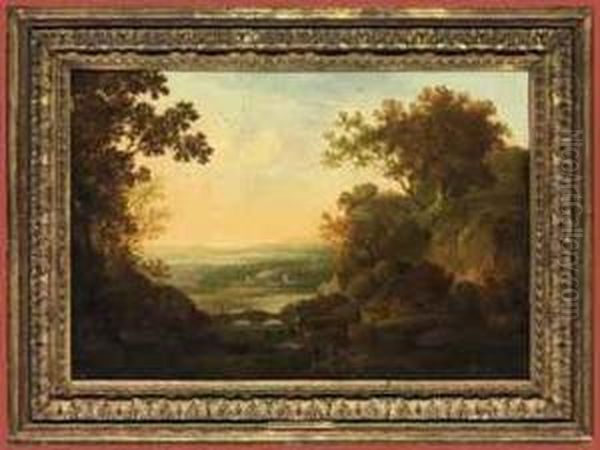 A Capriccio River Landscape With Figures Fishing, The Temple Ofvesta On A Hill Beyond Oil Painting by George, of Chichester Smith