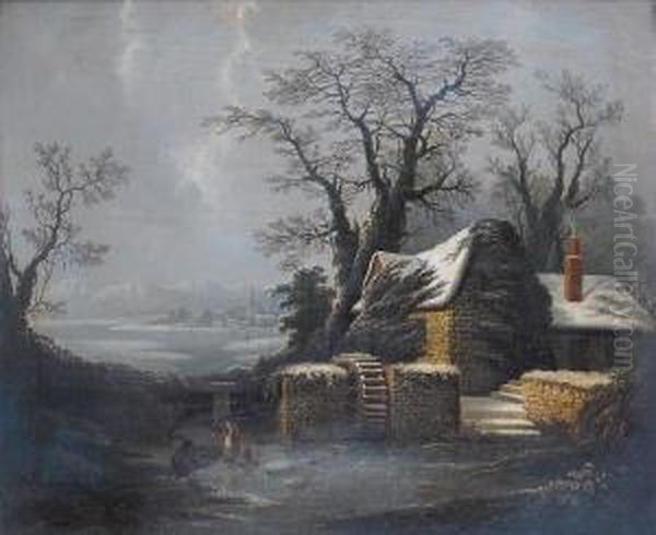 A Winter Landscape With A Watermill Beside Afrozen River Oil Painting by George, of Chichester Smith