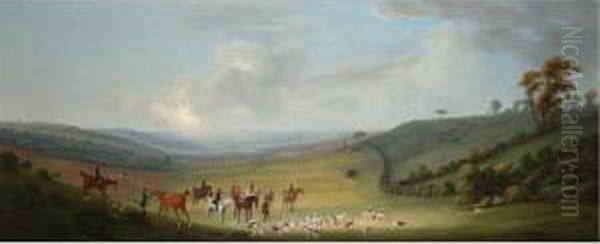 A Hunting Party With Hounds Catching The Scent Oil Painting by Thomas Smith of Derby